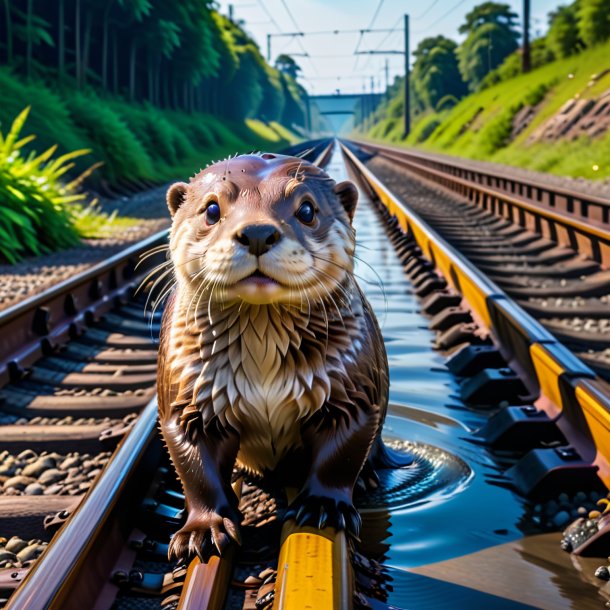 Uma foto de um mergulho de uma lontra nos trilhos ferroviários