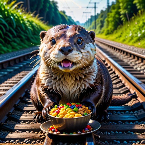 Foto de um comer de uma lontra nos trilhos ferroviários