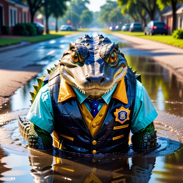 Pic of a alligator in a vest in the puddle