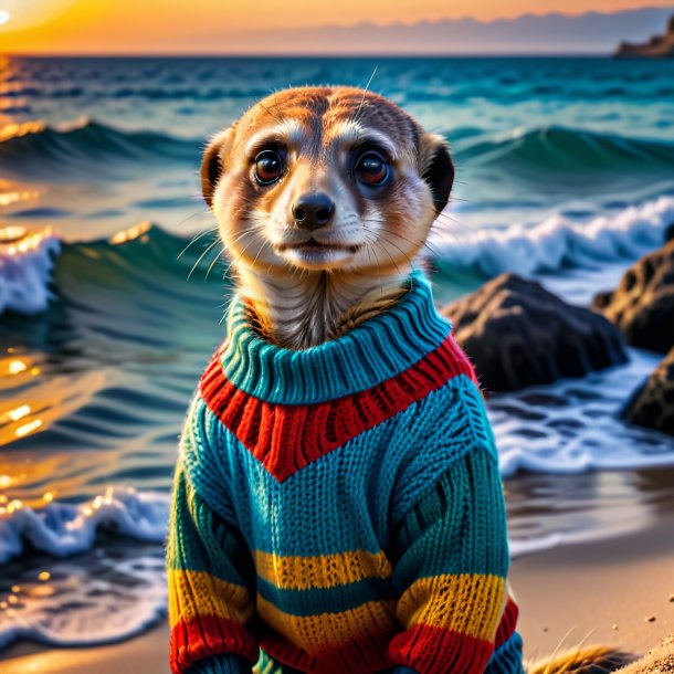 Foto de un suricato en un suéter en el mar