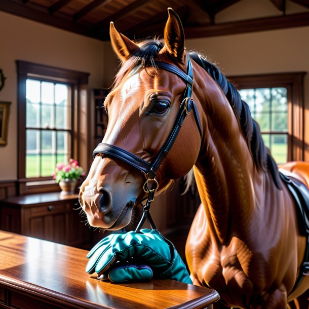 Foto de un caballo con guantes en la casa