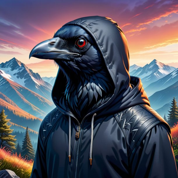 Illustration of a crow in a hoodie in the mountains