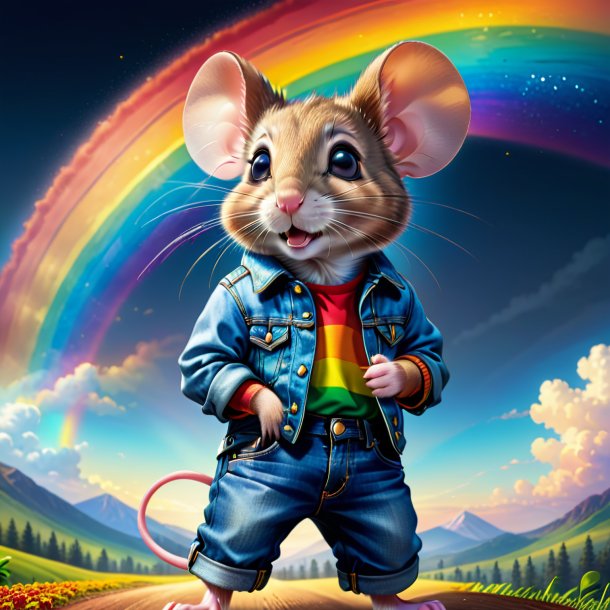 Illustration of a mouse in a jeans on the rainbow