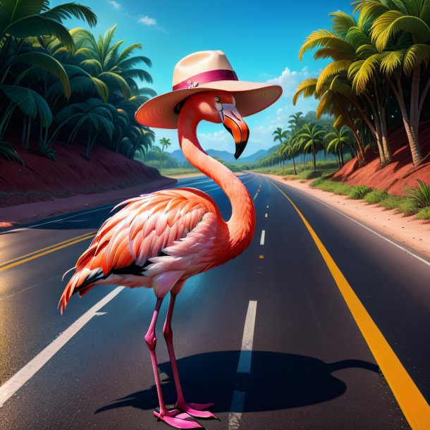 Drawing of a flamingo in a hat on the road