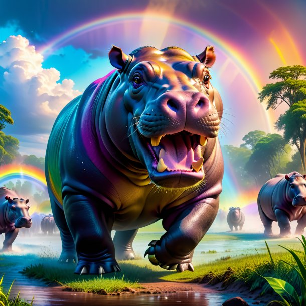 Picture of a threatening of a hippopotamus on the rainbow