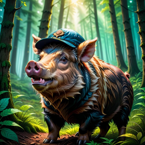 Illustration of a boar in a cap in the forest