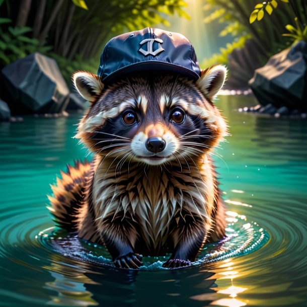 Pic of a raccoon in a cap in the water