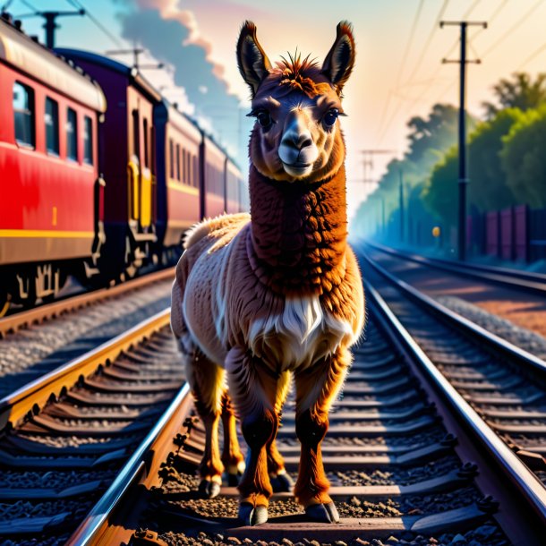 Foto de una llama en guantes en las vías del tren