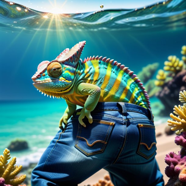 Photo of a chameleon in a jeans in the sea