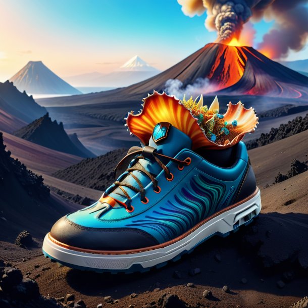 Drawing of a cuttlefish in a shoes in the volcano