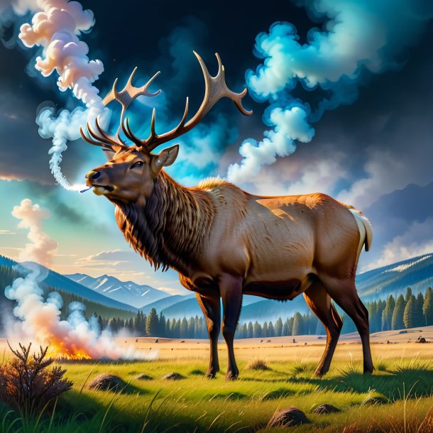 Picture of a smoking of a elk on the field