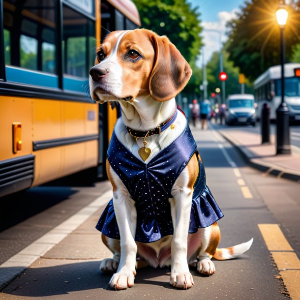 Foto de un beagle en un vestido en la parada de autobús