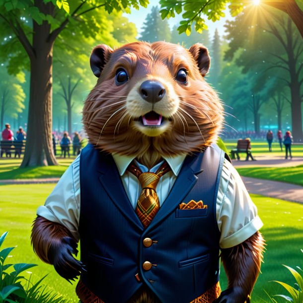 Illustration of a beaver in a vest in the park