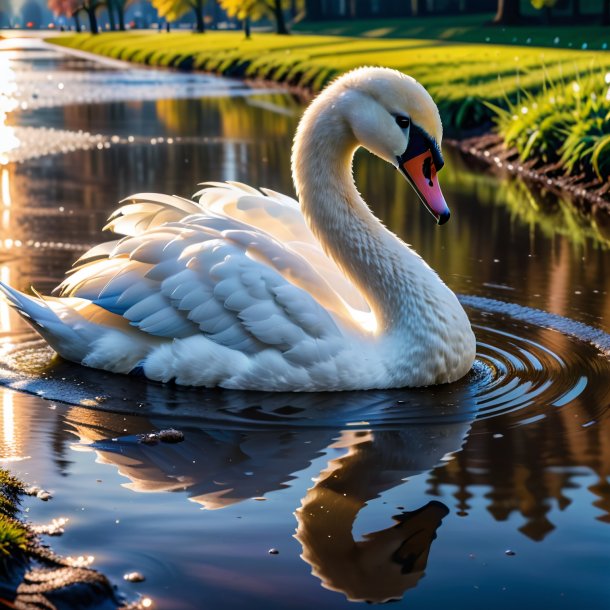 Photo of a resting of a swan in the puddle