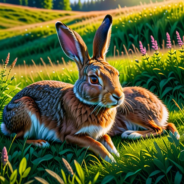 Photo of a sleeping of a hare in the meadow