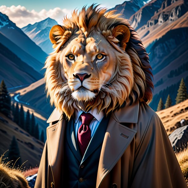 Image of a lion in a coat in the mountains