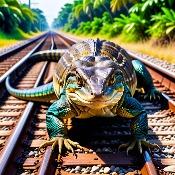 Image of a eating of a monitor lizard on the railway tracks