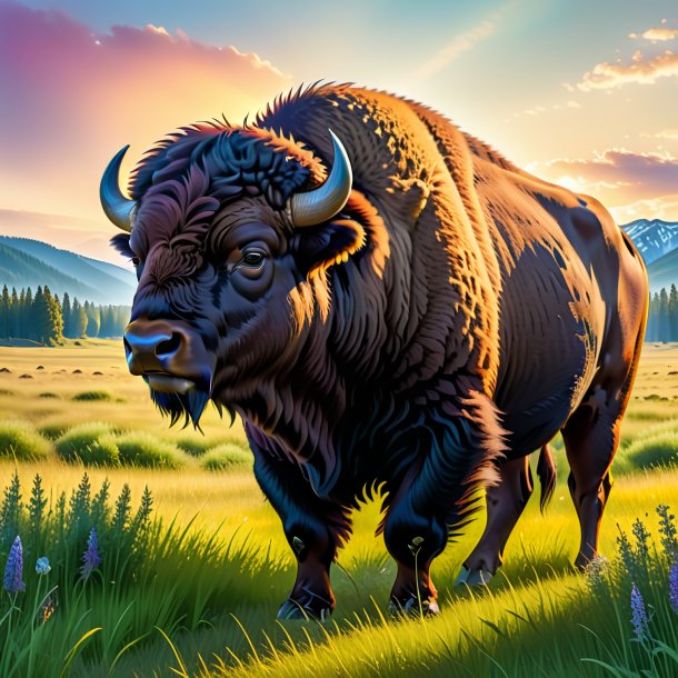 Image of a waiting of a bison in the meadow