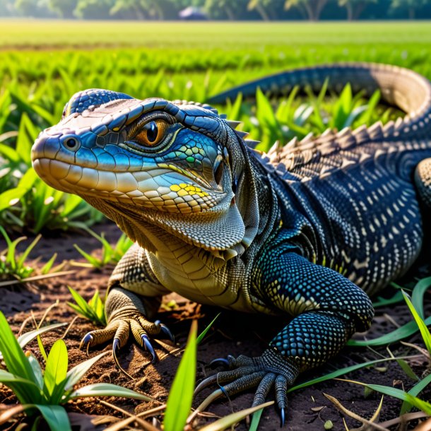 Photo of a eating of a monitor lizard on the field