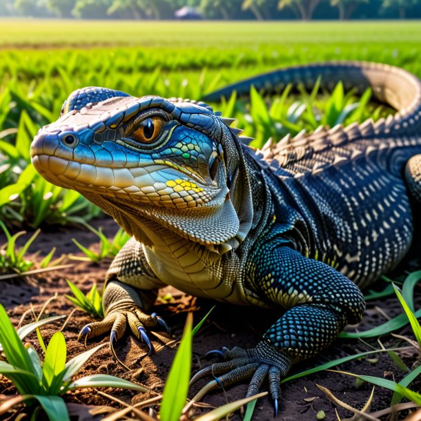 Foto de um comer de um lagarto monitor no campo