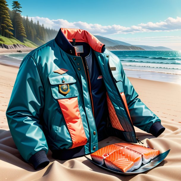 Illustration of a salmon in a jacket on the beach