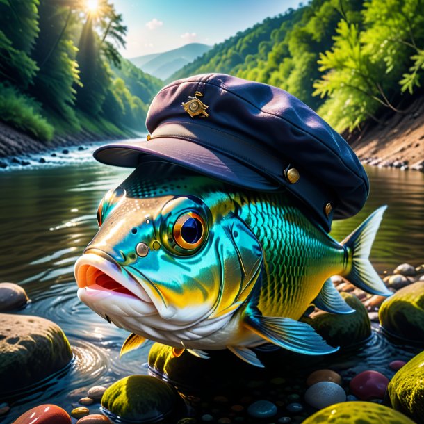 Image of a fish in a cap in the river