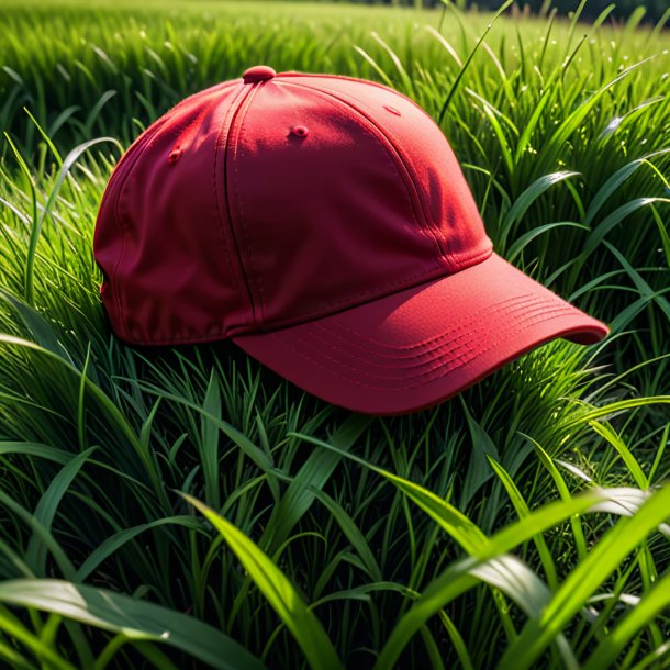 Photographie d'une casquette rouge de l'herbe