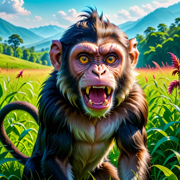 Image of a threatening of a monkey in the meadow