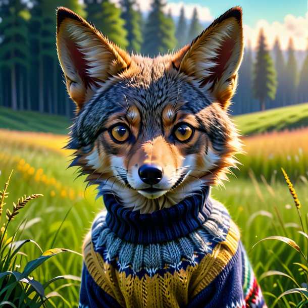 Pic of a jackal in a sweater in the meadow