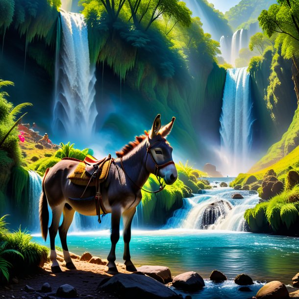 Image of a waiting of a donkey in the waterfall