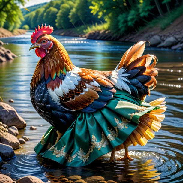 Dessin d'une poule dans une jupe dans la rivière