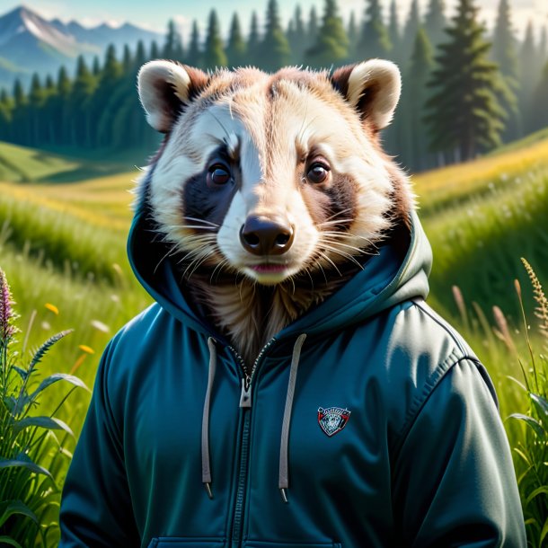 Photo of a badger in a hoodie in the meadow