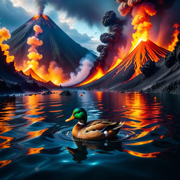 Photo of a swimming of a duck in the volcano