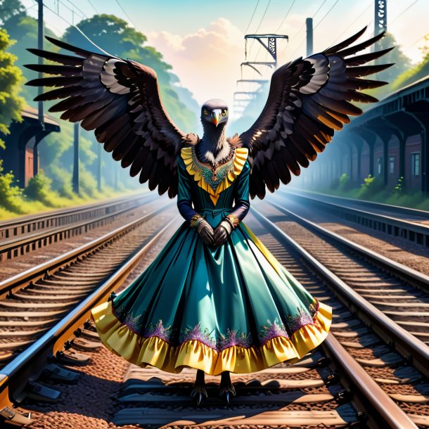 Illustration of a vulture in a dress on the railway tracks