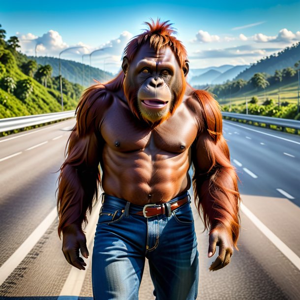 Photo of a orangutan in a jeans on the highway