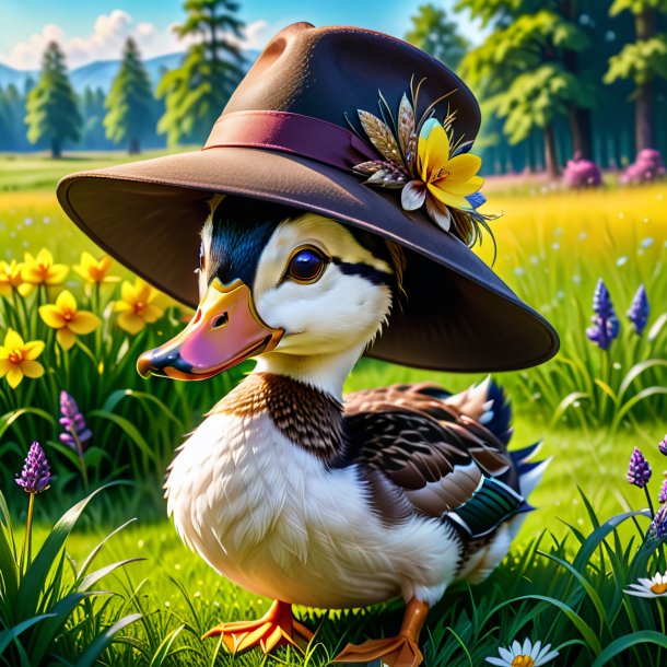 Foto de un pato en un sombrero en el prado