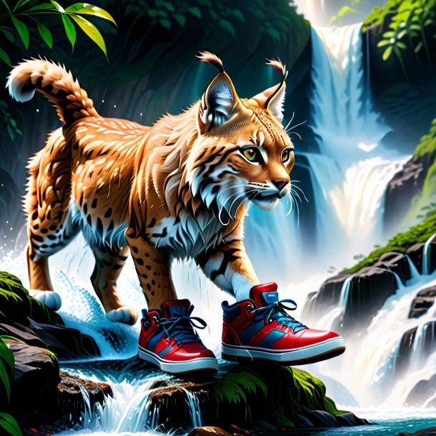 Illustration of a lynx in a shoes in the waterfall