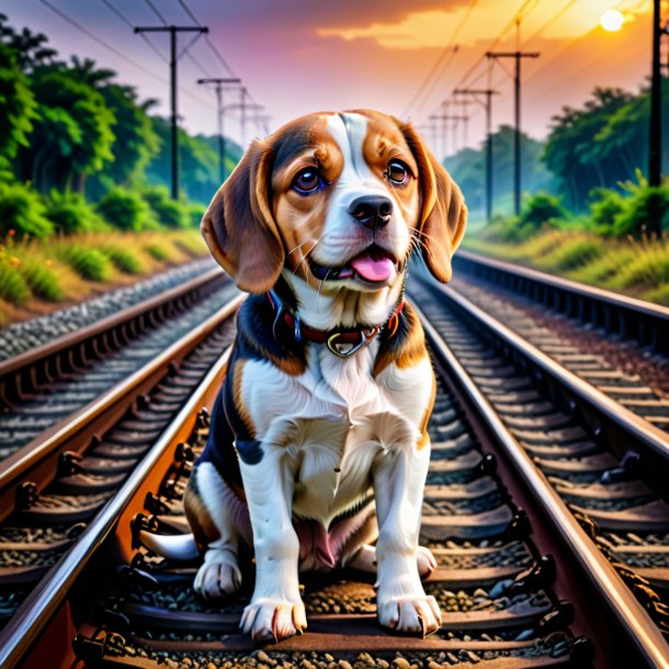 Picture of a crying of a beagle on the railway tracks