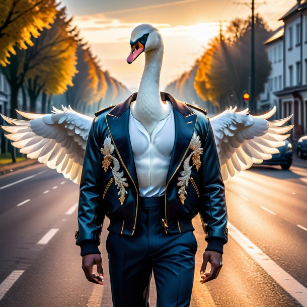 Image of a swan in a jacket on the road