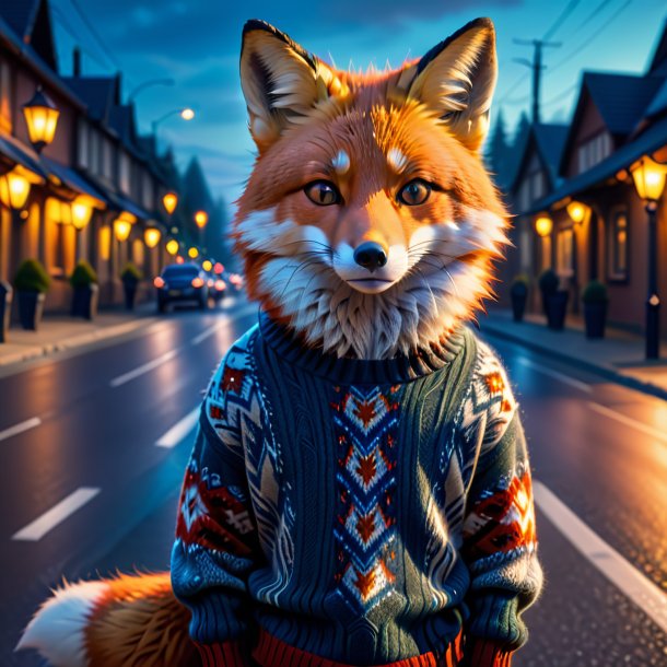 Picture of a fox in a sweater on the road