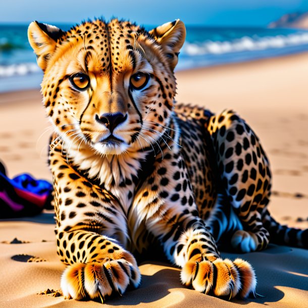 Imagen de un guepardo en guantes en la playa