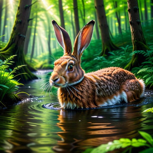 Pic of a swimming of a hare in the forest