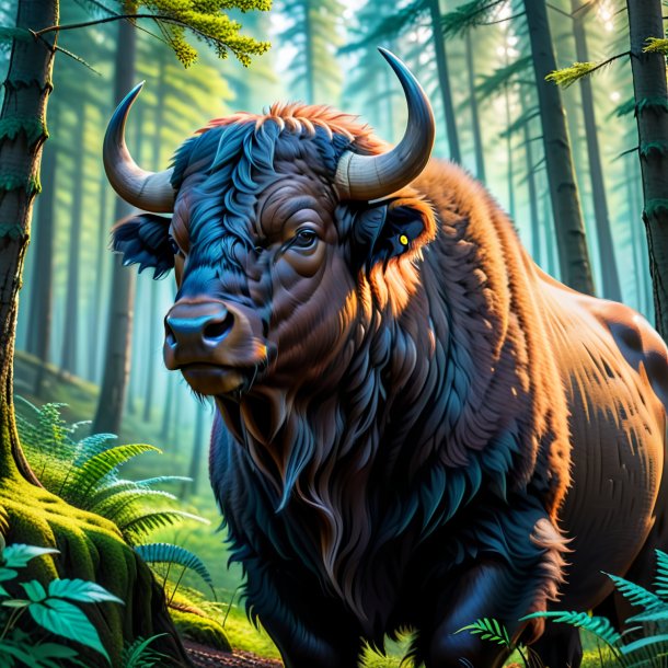 Photo of a buffalo in a coat in the forest