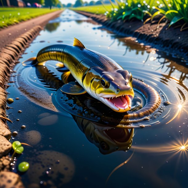 Image of a eating of a eel in the puddle
