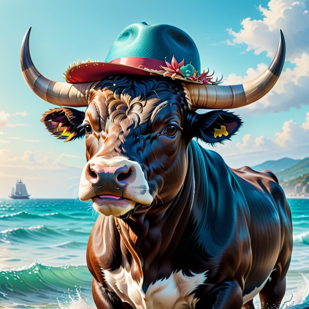 Dibujo de un toro en un sombrero en el mar