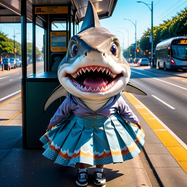 Imagem de um tubarão em uma saia no ponto de ônibus