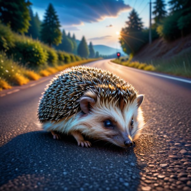 Photo of a sleeping of a hedgehog on the road