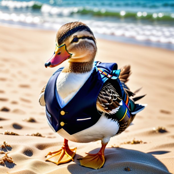 Pic of a duck in a vest on the beach
