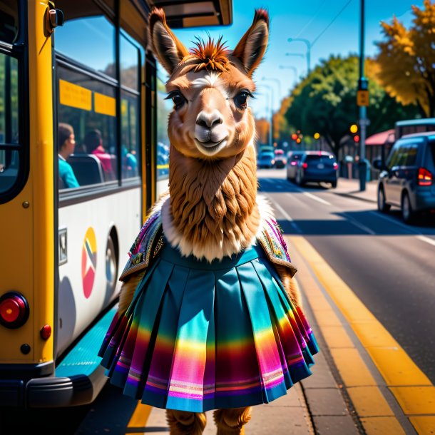 Foto de uma lhama em uma saia no ponto de ônibus