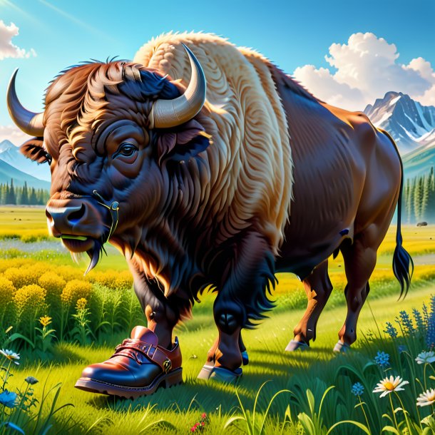 Image of a buffalo in a shoes in the meadow